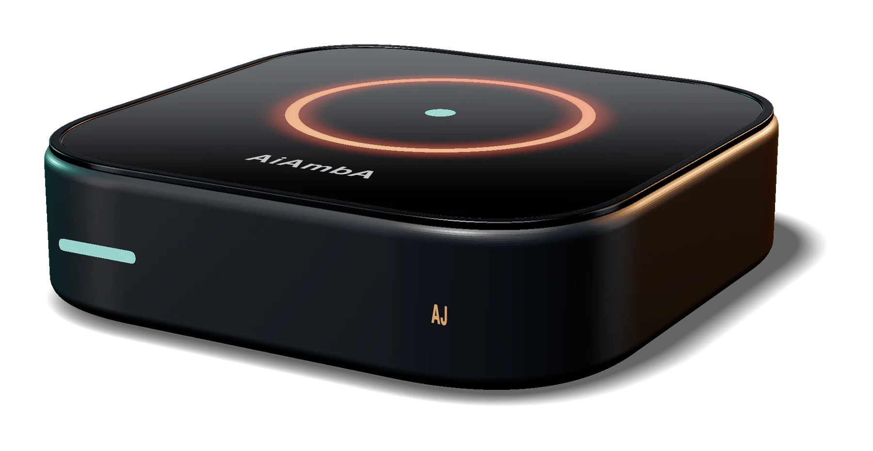 The AiAmbA AJ Series device: a small graphite square with a glowing coral ring on its black glass top